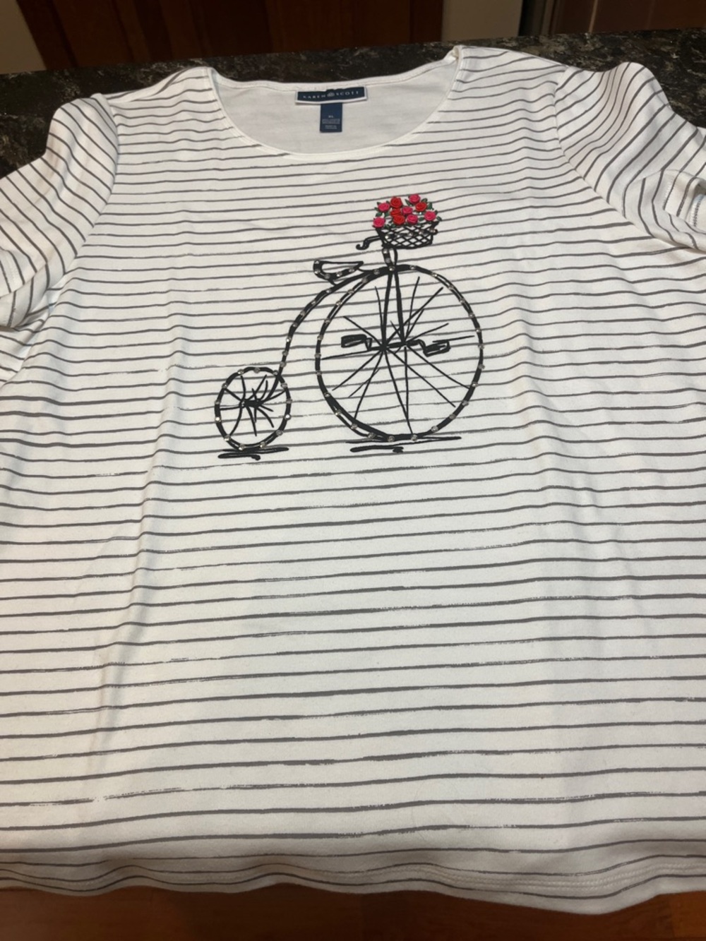 Karen Scott  White and gray Striped Tee with Bicycle and Red Floral Basket